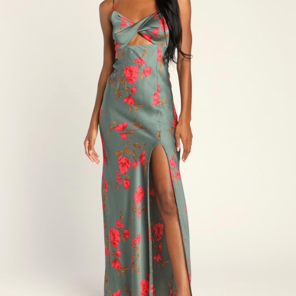 Lulu’s Fit for the Fete Sage Green Floral Satin Maxi Dress